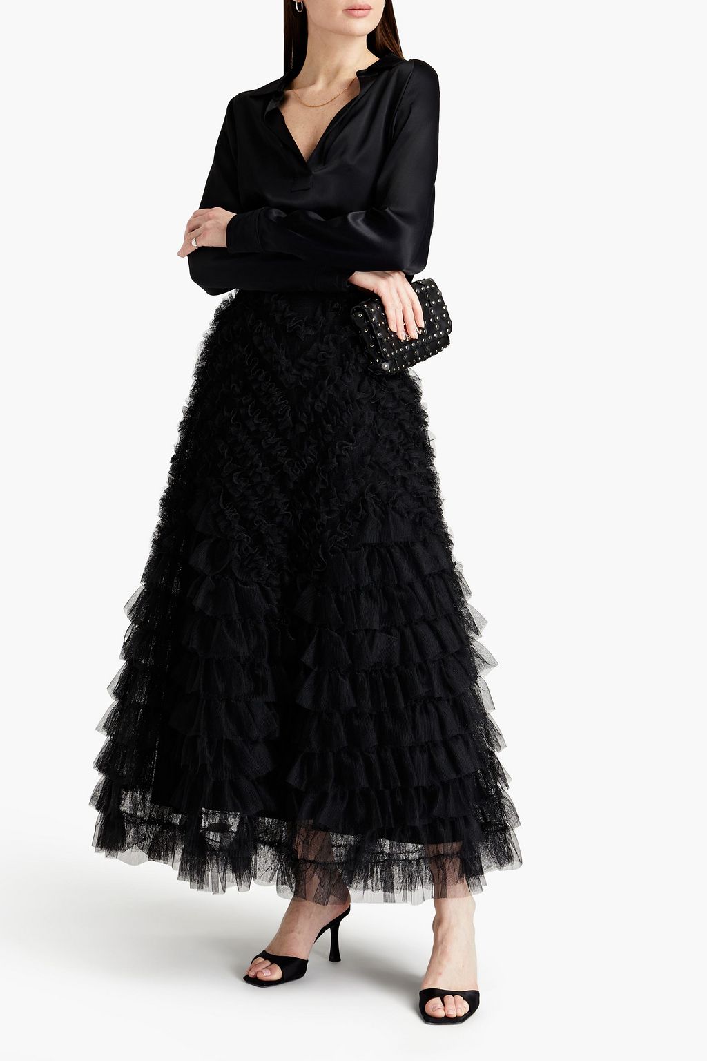 REDVALENTINO Tiered ruffled point d'esprit and tulle maxi skirt