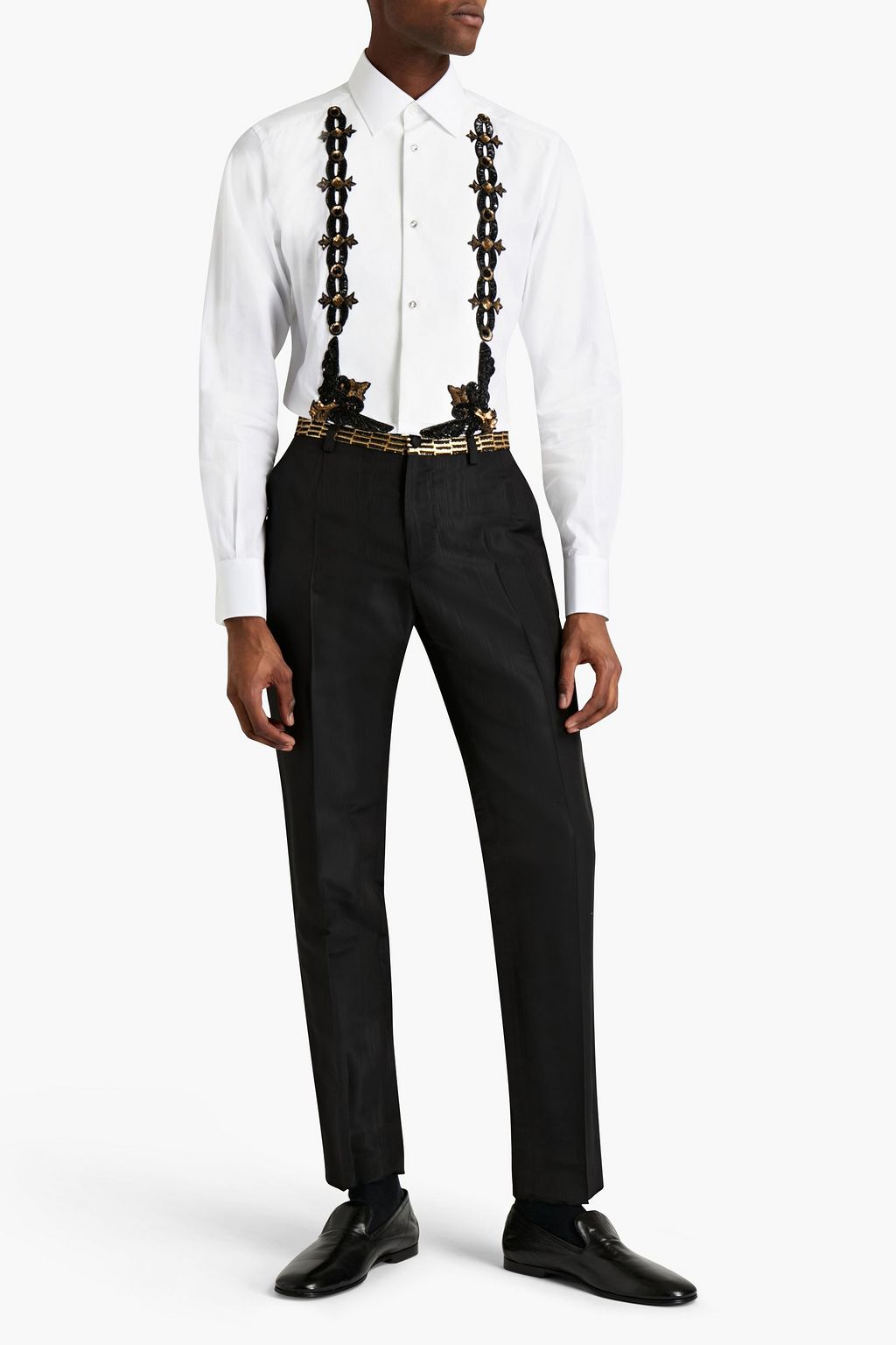 DOLCE&GABBANA Piqué-paneled embellished cotton-poplin shirt