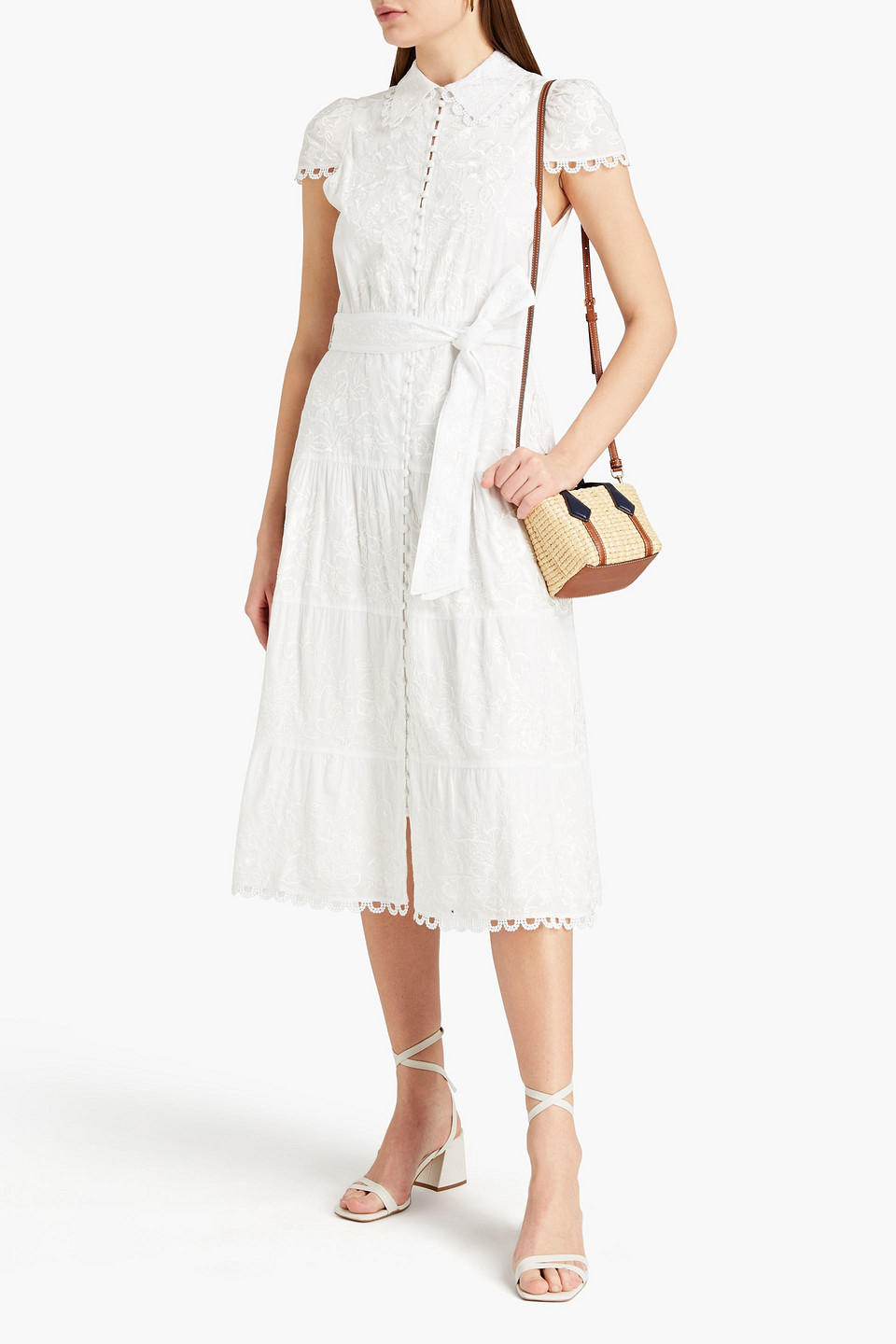 Alice And Olivia Vanessa Embroidered Cotton Midi Shirt Dress In White