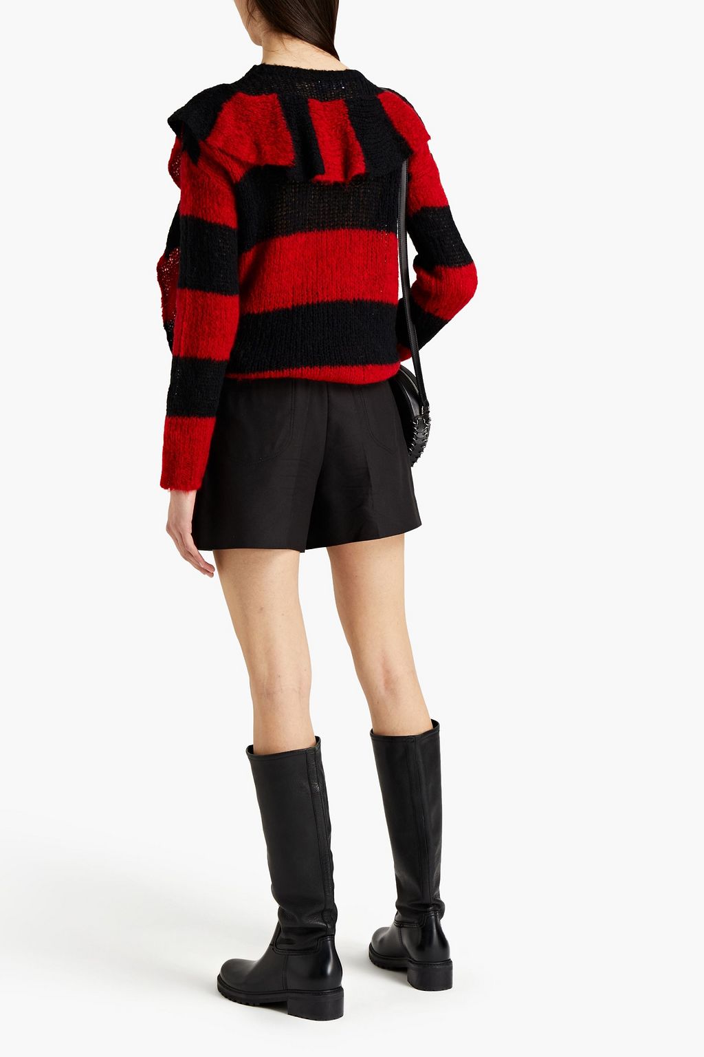 REDVALENTINO Ruffled striped open-knit sweater
