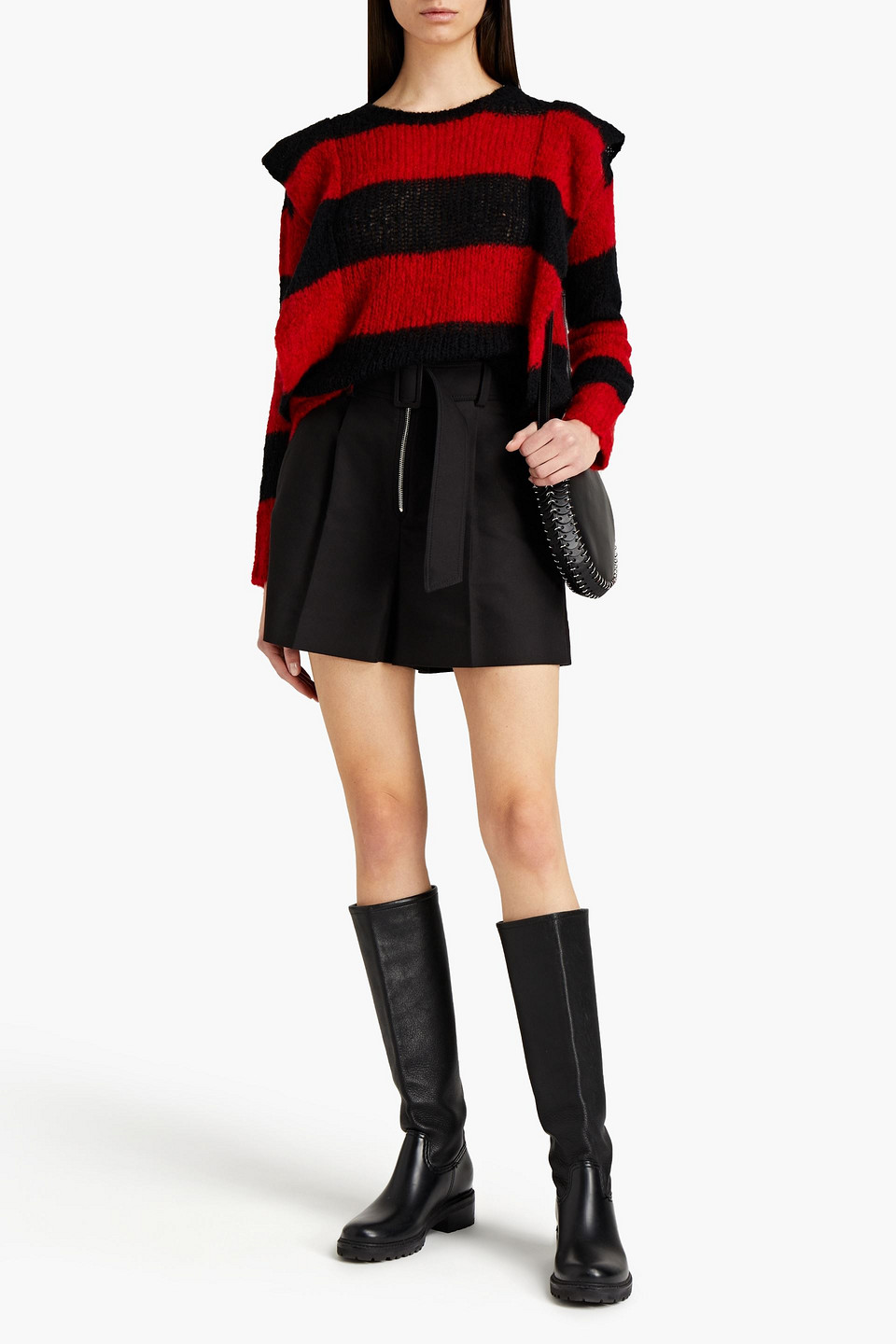Red Valentino Ruffled Striped Open-knit Jumper In Black