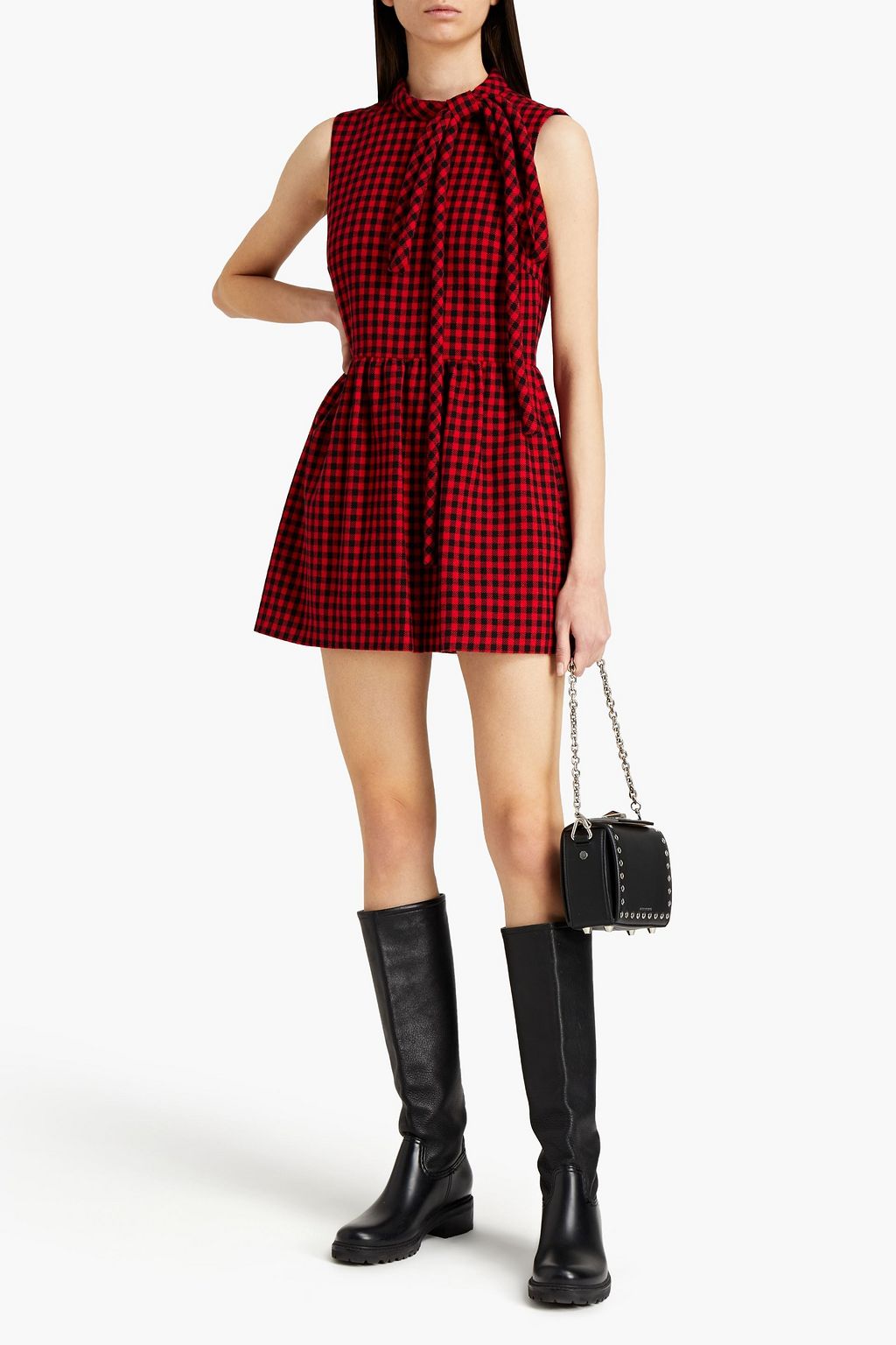 REDVALENTINO Bow-embellished gingham tweed playsuit