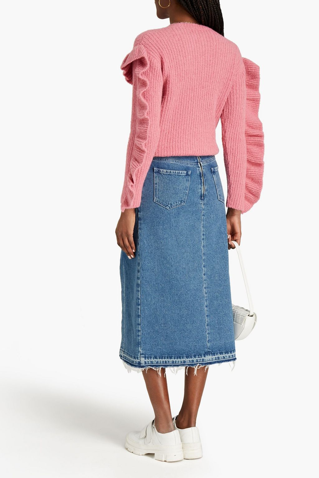 REDVALENTINO Buckle-detailed denim midi skirt