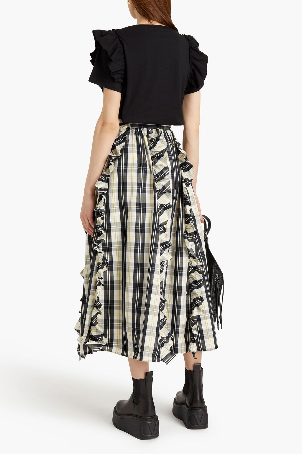 REDVALENTINO Ruffled checked taffeta midi skirt