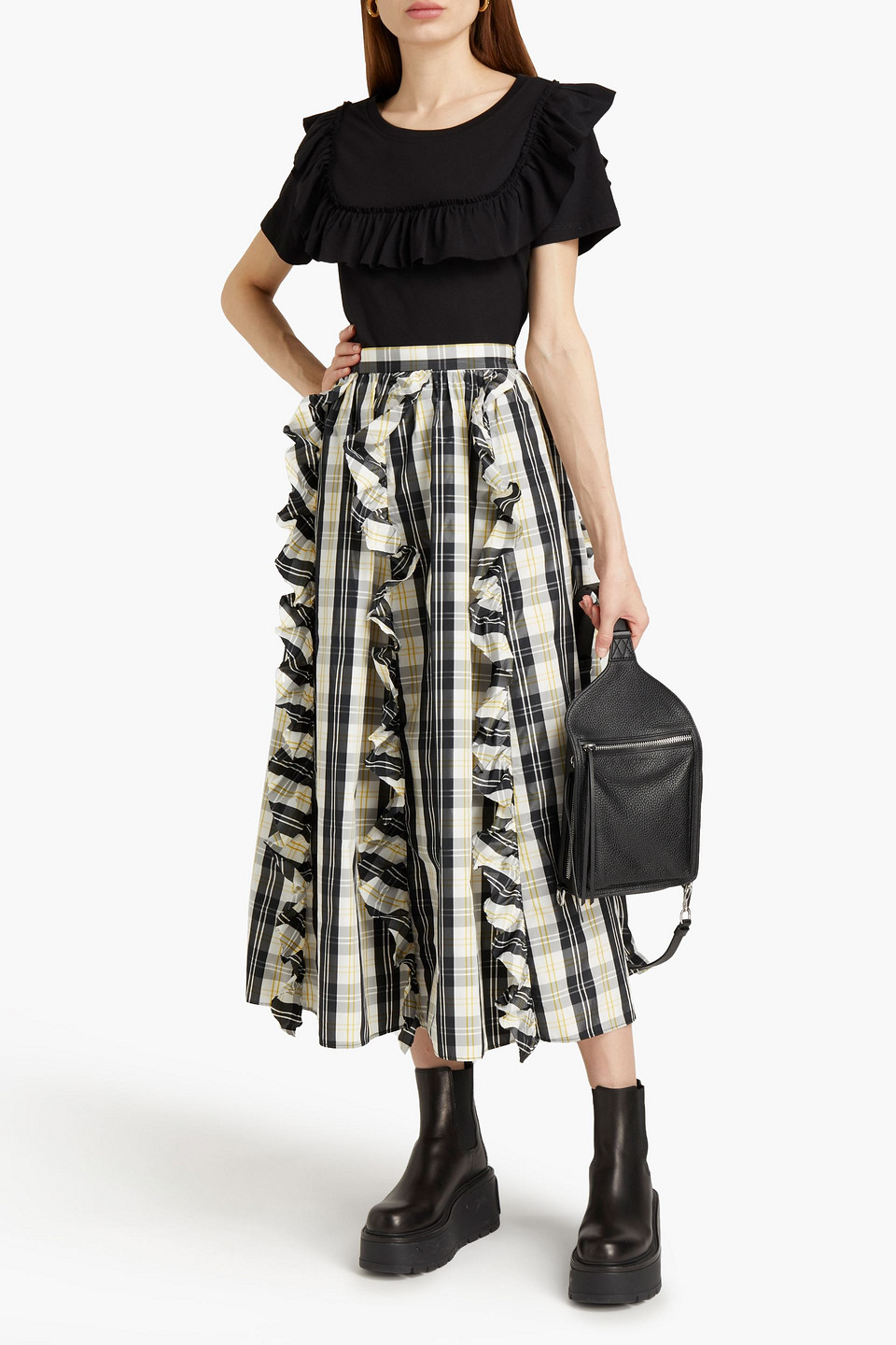 Red Valentino Ruffled Checked Shell Midi Skirt In Black