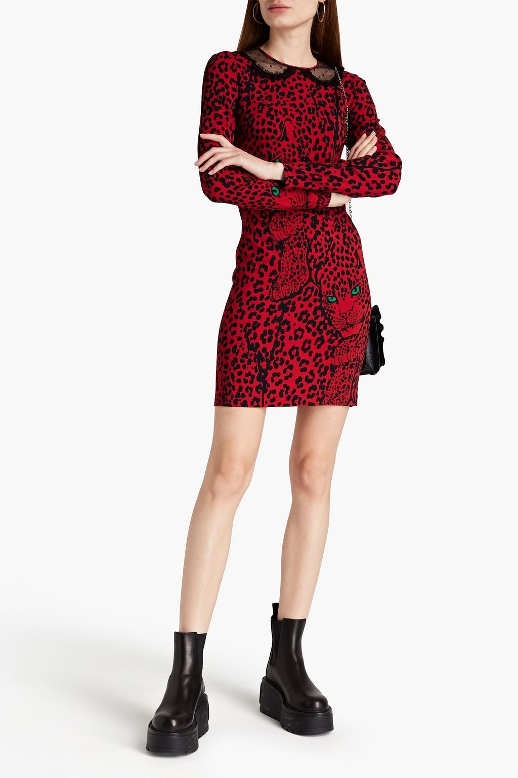REDVALENTINO レーストリム レオパードプリントクレープ ミニワンピース