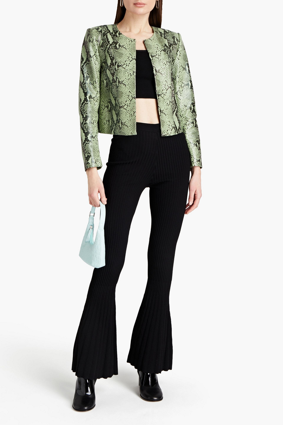 Alice And Olivia Cropped Snake-effect Leather Jacket In Green