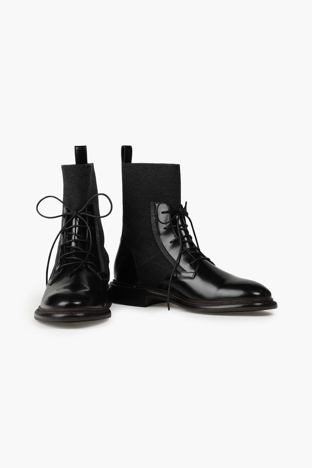 BRUNELLO CUCINELLI Knit-paneled glossed-leather ankle boots