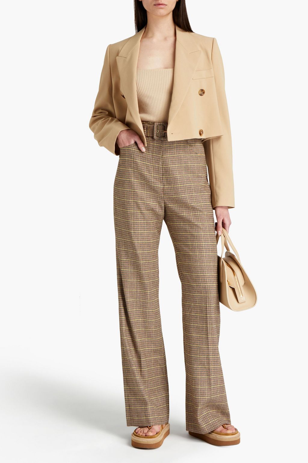 Beige Clara belted checked tweed flared 