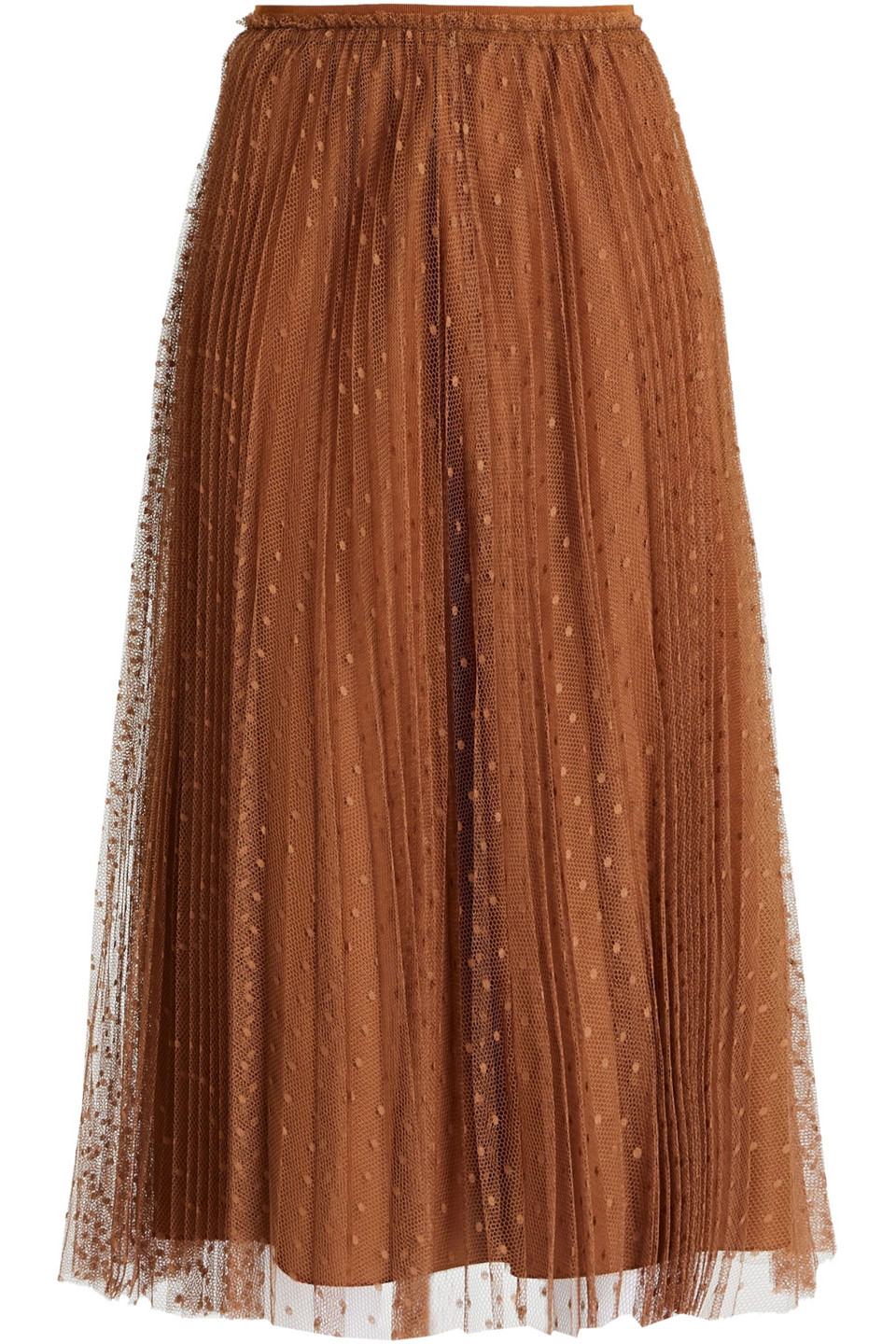 Redvalentino Woman Pleated Ruffle-trimmed Point D'esprit Midi Skirt Light Brown Size 38