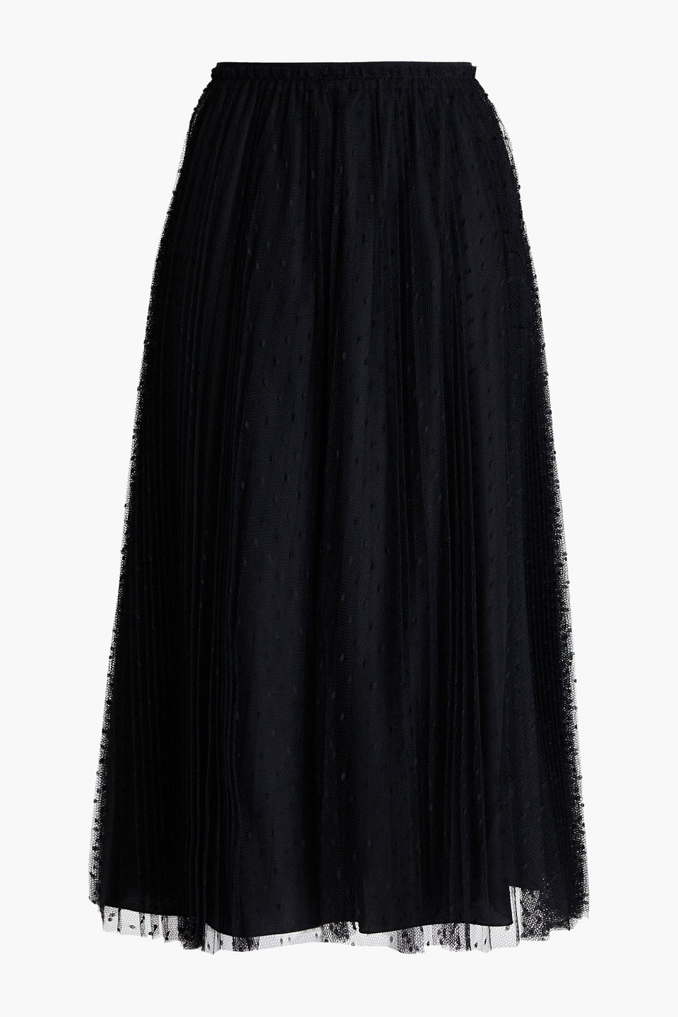Redvalentino Woman Pleated Ruffle-trimmed Point D'esprit Midi Skirt Black Size 40
