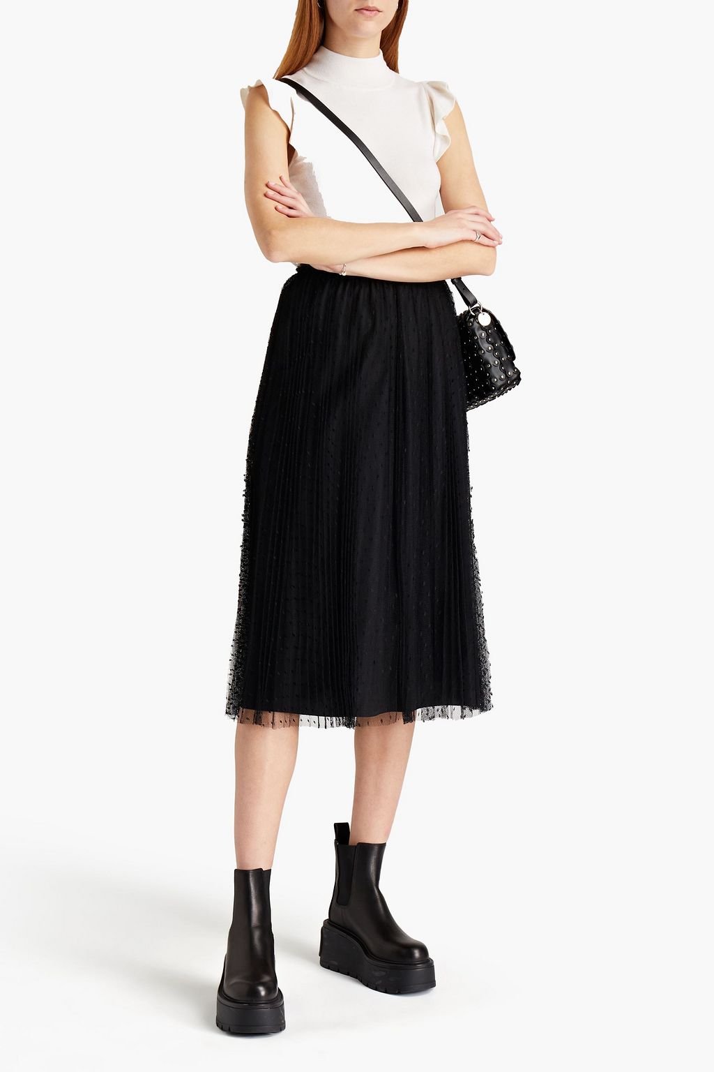 REDVALENTINO Pleated point d'esprit midi skirt | THE OUTNET