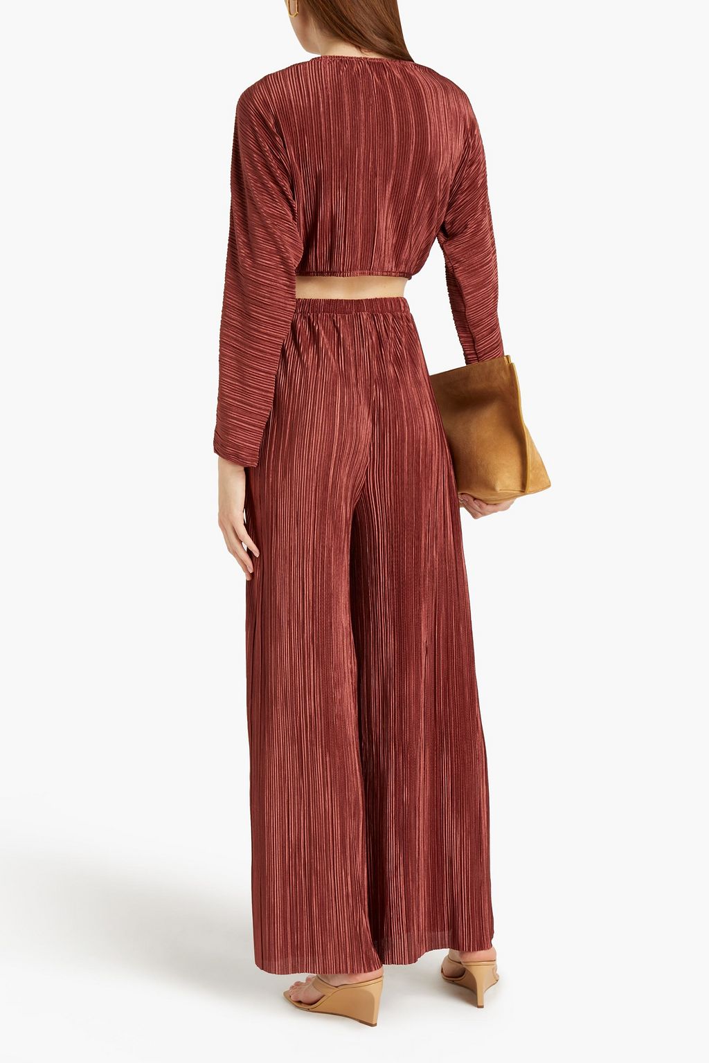 ONIA Cropped tie-front plissé satin-jersey top