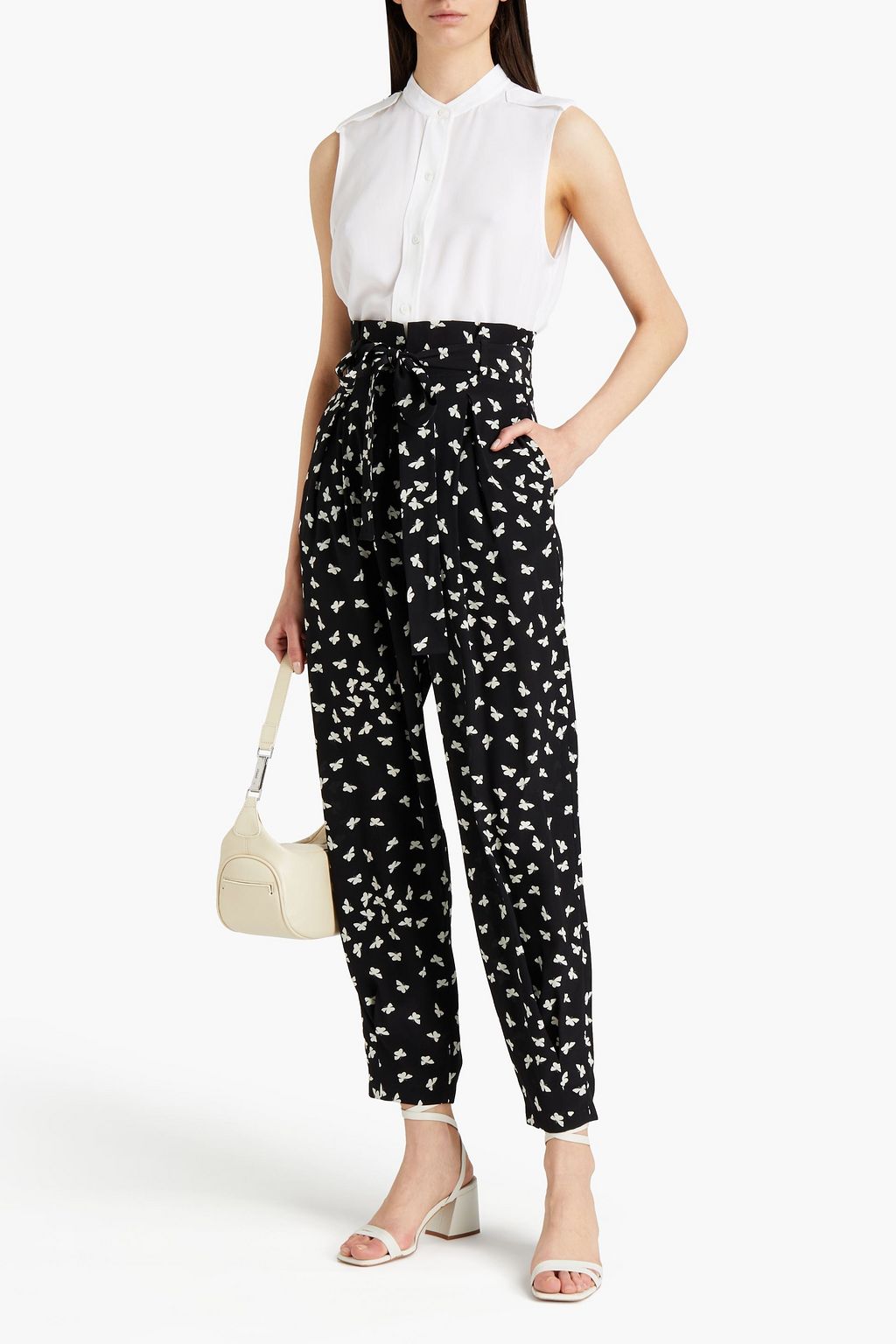 REDVALENTINO Belted printed silk crepe de chine tapered pants