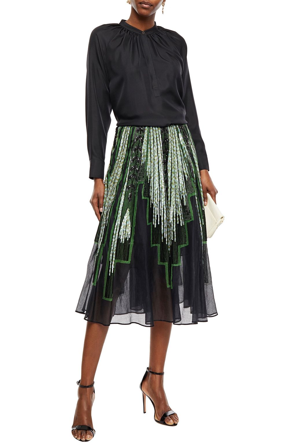 VALENTINO GARAVANI Embellished tulle-trimmed cotton-gauze midi skirt