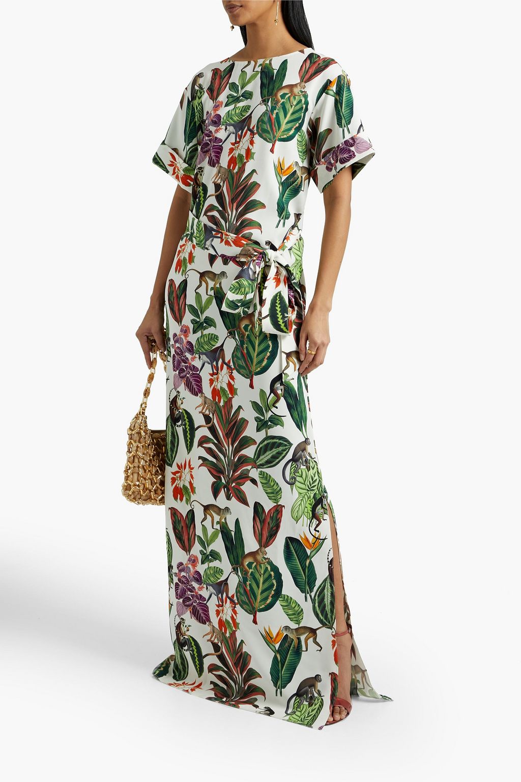 OSCAR DE LA RENTA Belted printed silk-blend gown