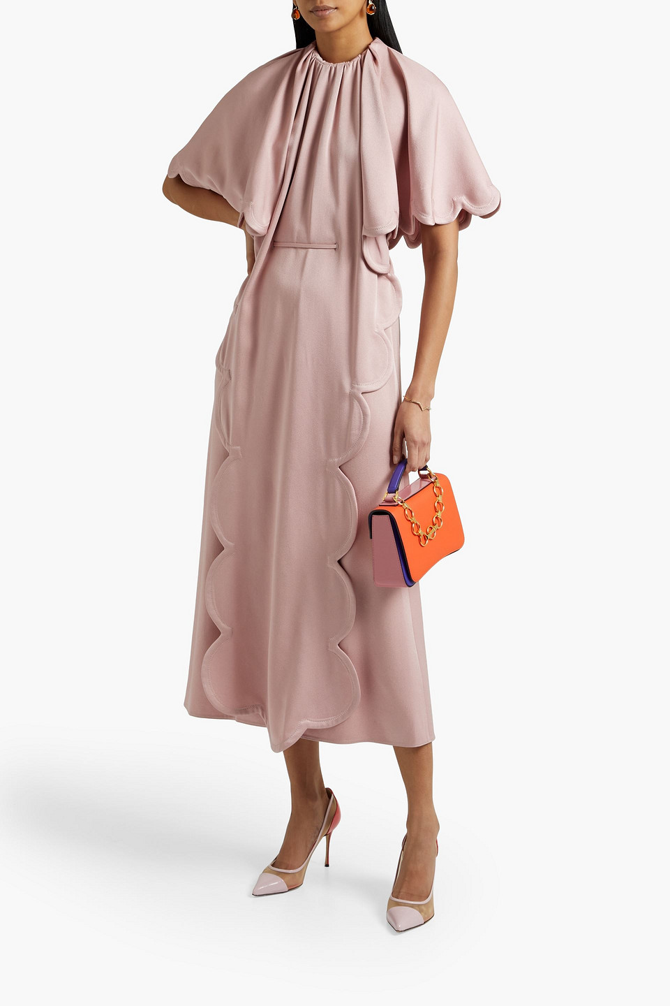 Valentino Belted Scalloped Satin-crepe Midi Dress In Baby Pink