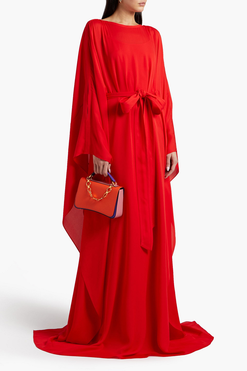 Oscar De La Renta Belted Silk Crepe De Chine Gown In Red