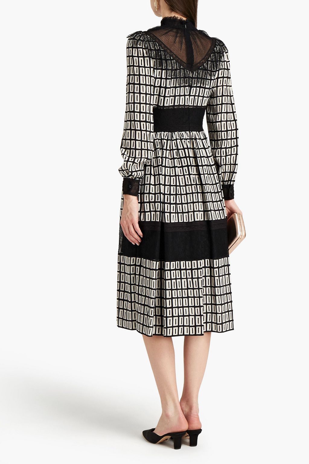 VALENTINO GARAVANI Lace-paneled printed silk crepe de chine midi dress