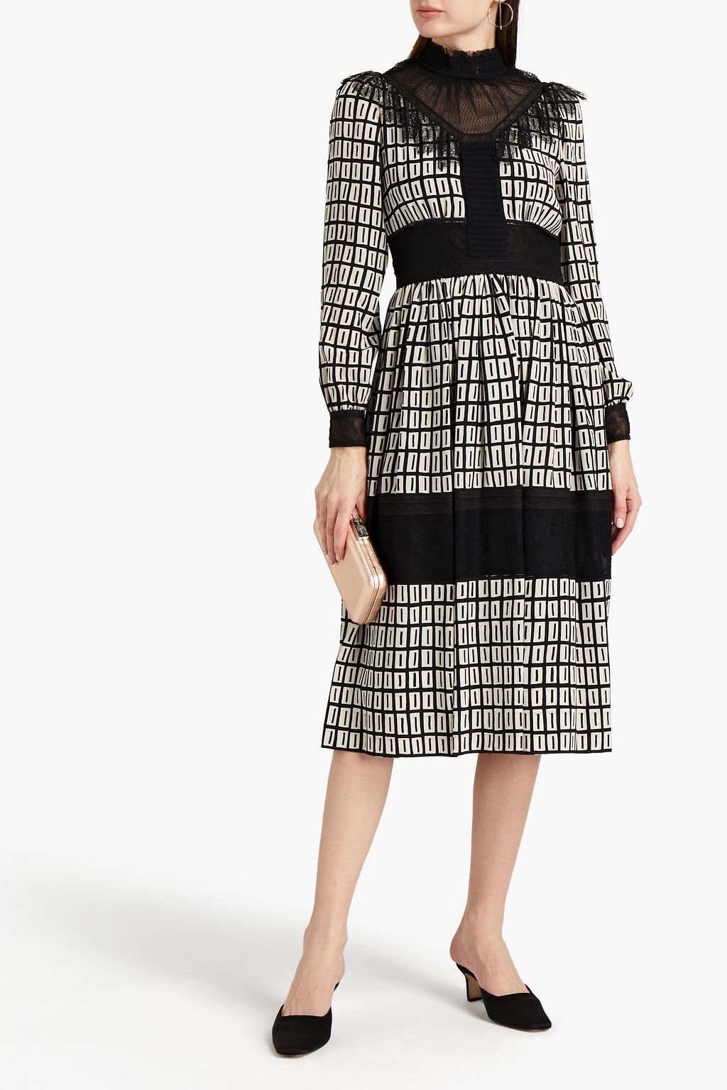 VALENTINO GARAVANI Lace-paneled printed silk crepe de chine midi dress
