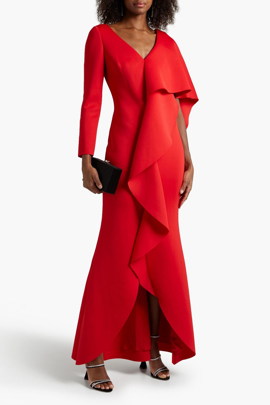BADGLEY MISCHKA Draped ruffled scuba gown