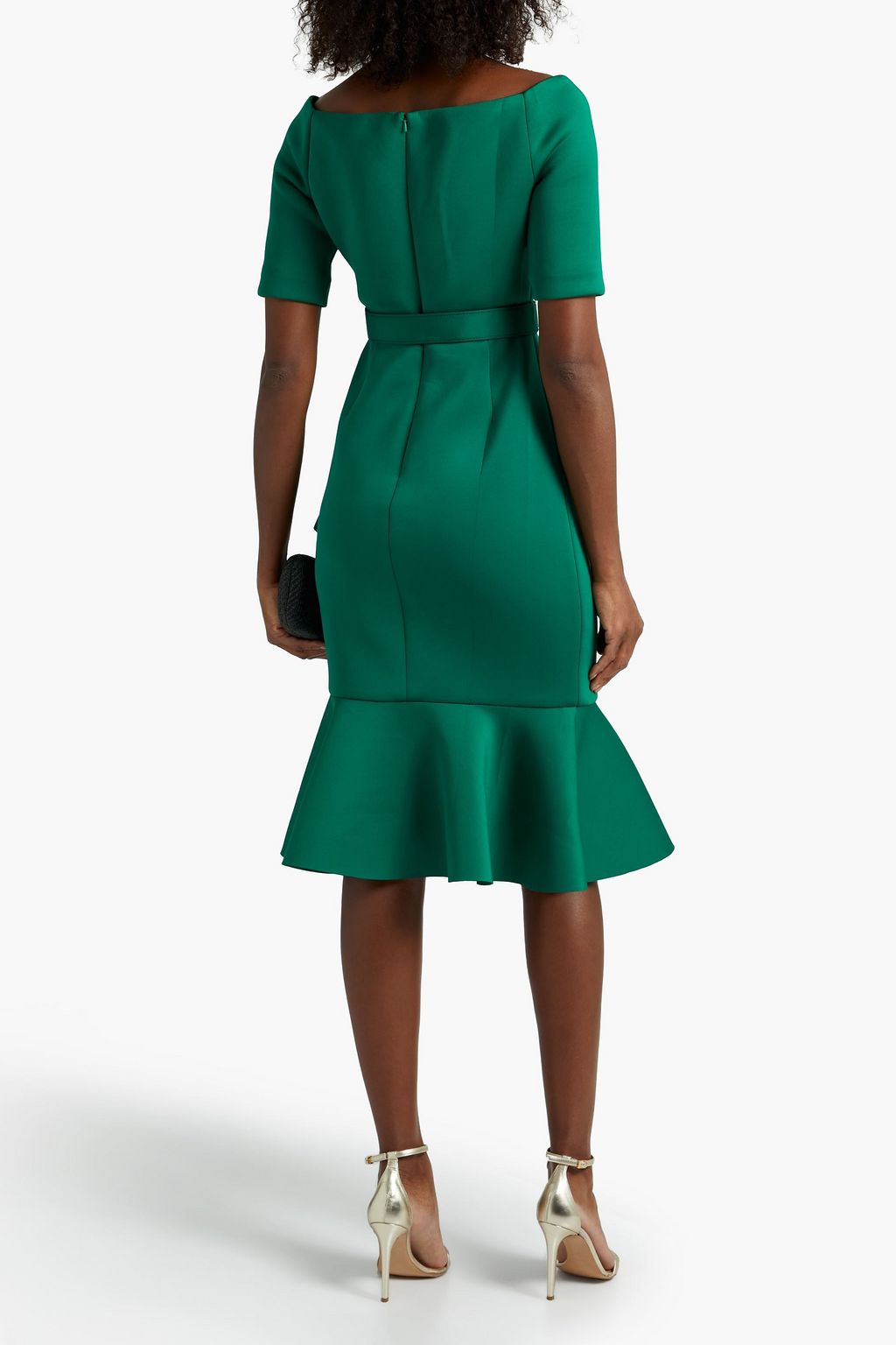 BADGLEY MISCHKA Belted wrap-effect ruffled scuba dress