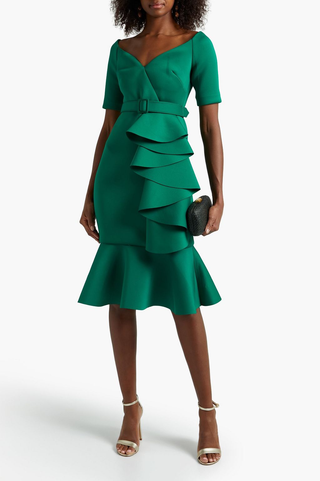 BADGLEY MISCHKA Belted wrap-effect ruffled scuba dress