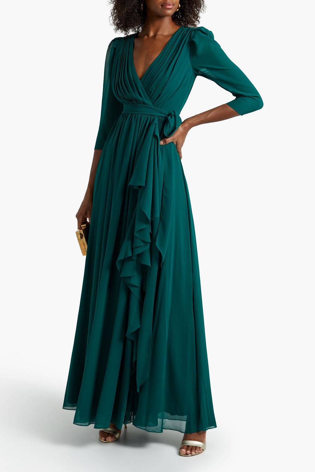BADGLEY MISCHKA Wrap-effect pleated ruffled georgette gown