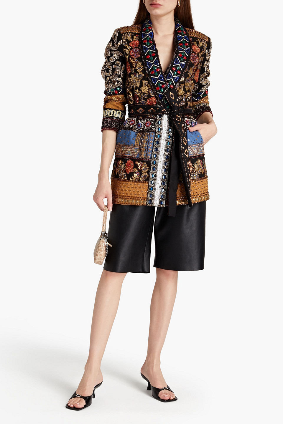 Alice And Olivia Embellished Patchwork-effect Woven Jacket In Black