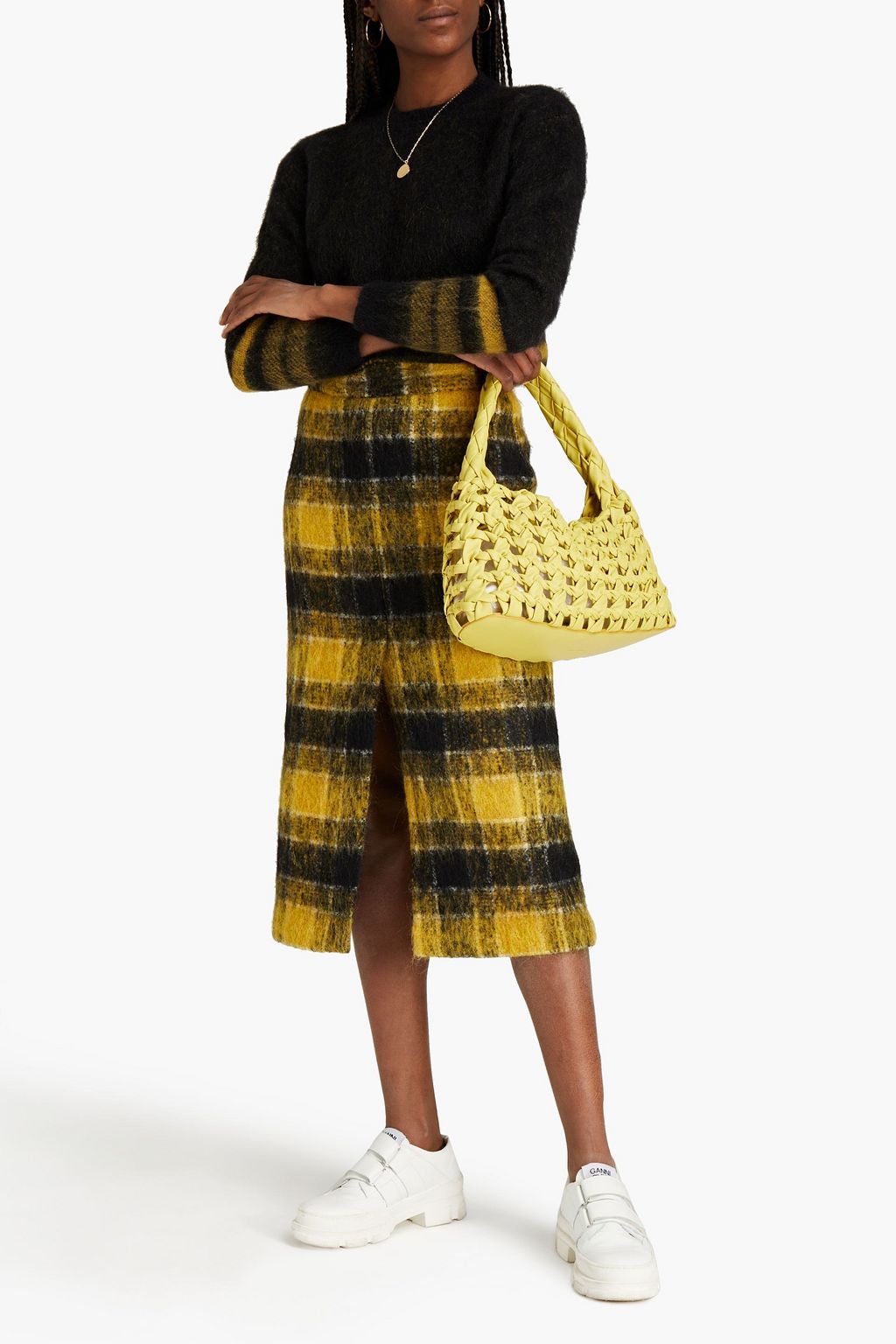 REDVALENTINO Brushed checked wool-blend felt midi skirt