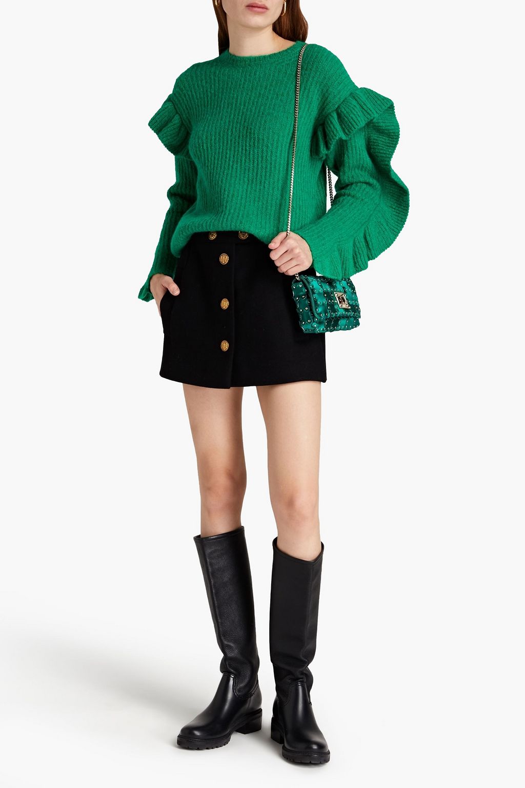 REDVALENTINO Ruffled ribbed-knit sweater