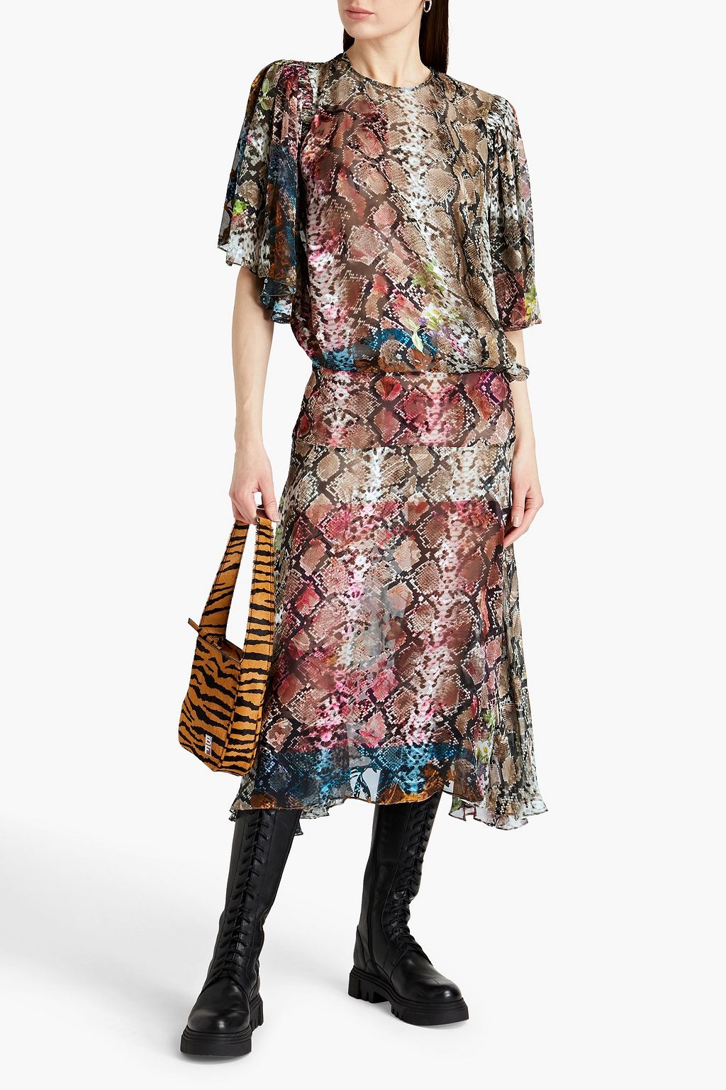PREEN BY THORNTON BREGAZZI Snake-print devoré-satin midi dress