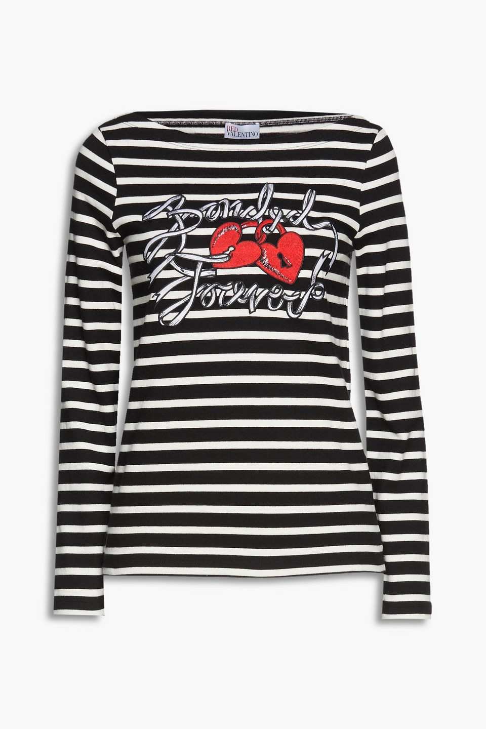 Redvalentino Woman Embroidered Striped Ribbed Cotton-jersey Top Black Size L