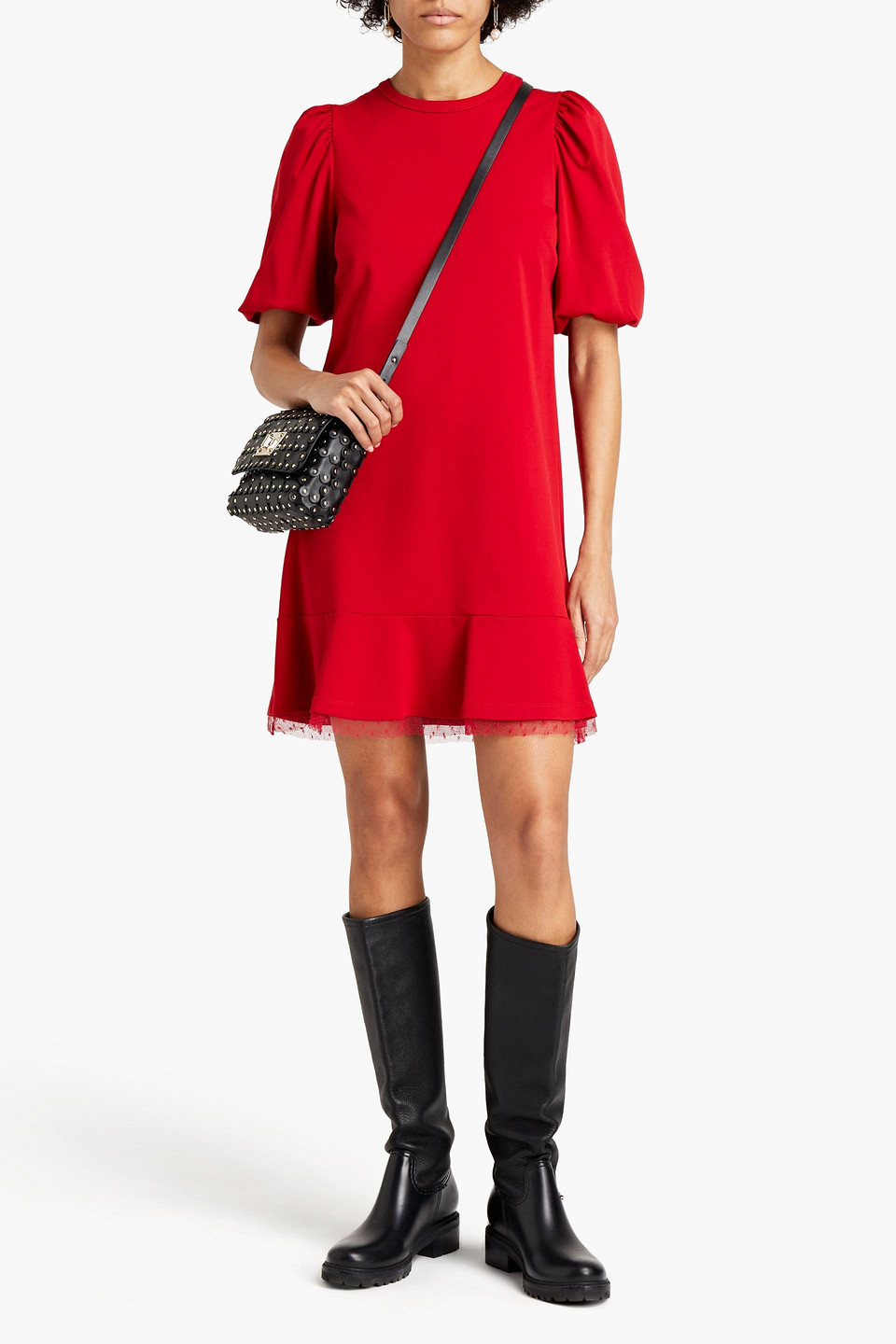 Red Valentino Point D'esprit-trimmed Jersey Mini Dress In Red