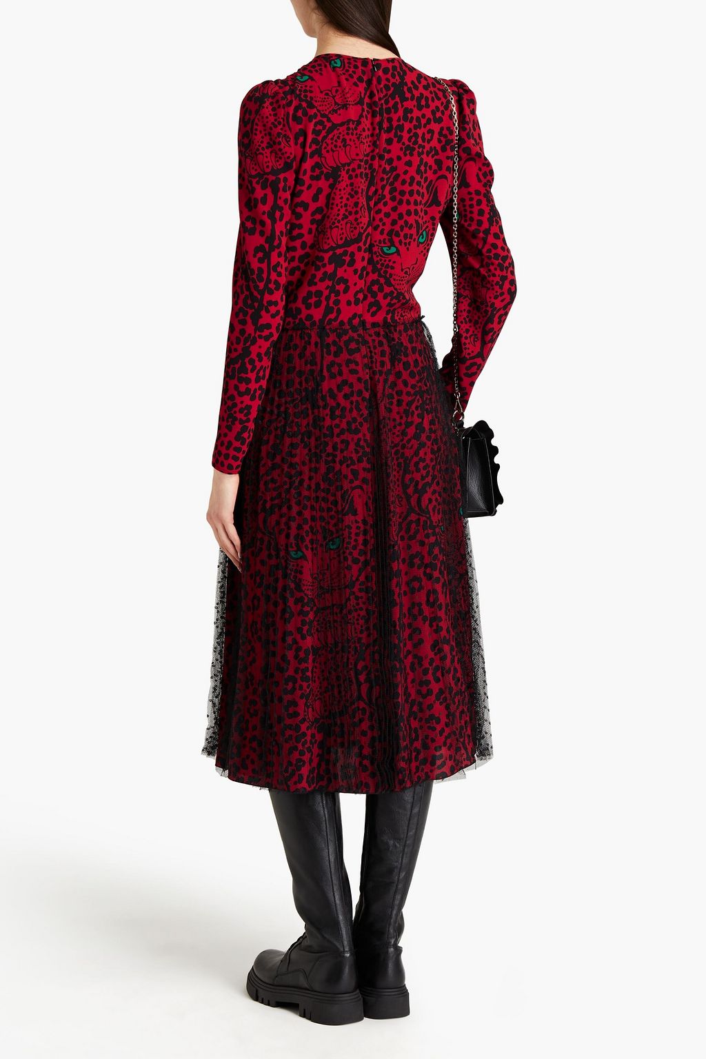 REDVALENTINO Point d'esprit-paneled leopard-print crepe midi dress