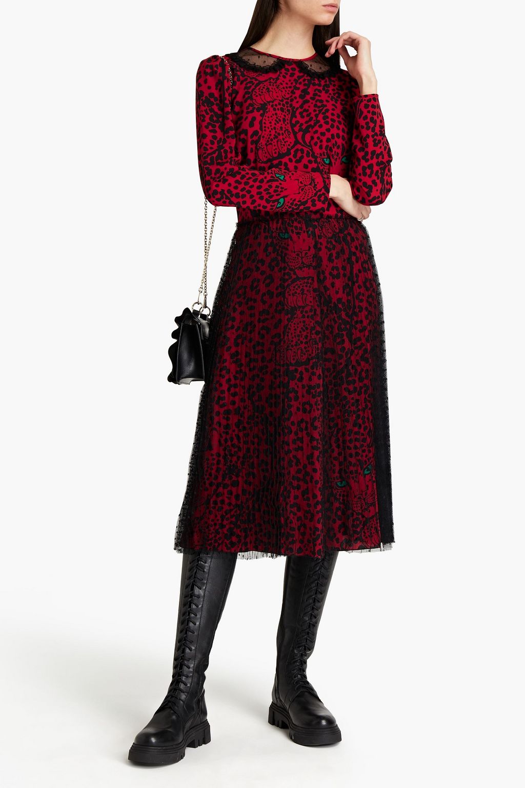 REDVALENTINO Point d'esprit-paneled leopard-print crepe midi dress