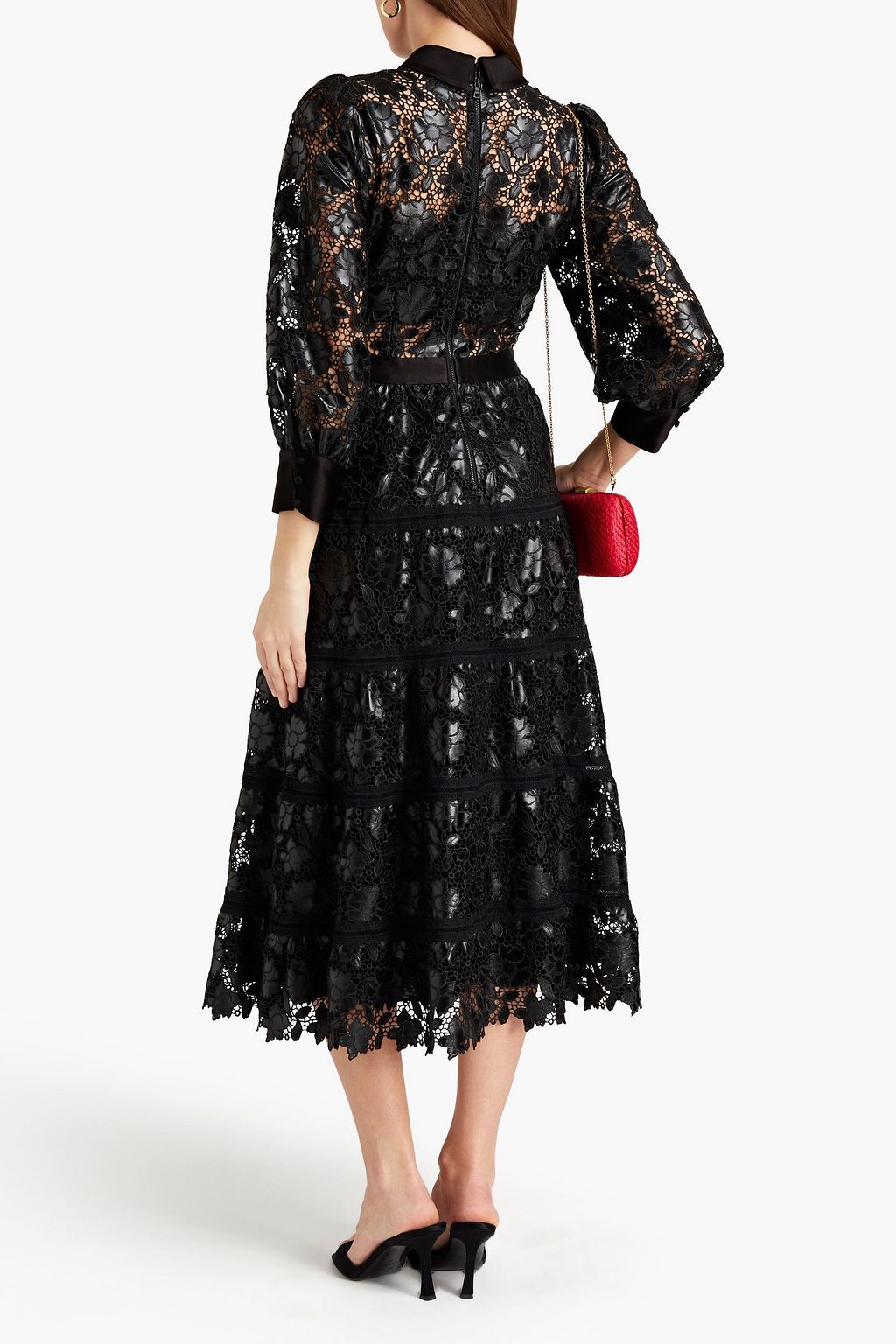 ALICE + OLIVIA Gathered satin and lace midi shirt dress