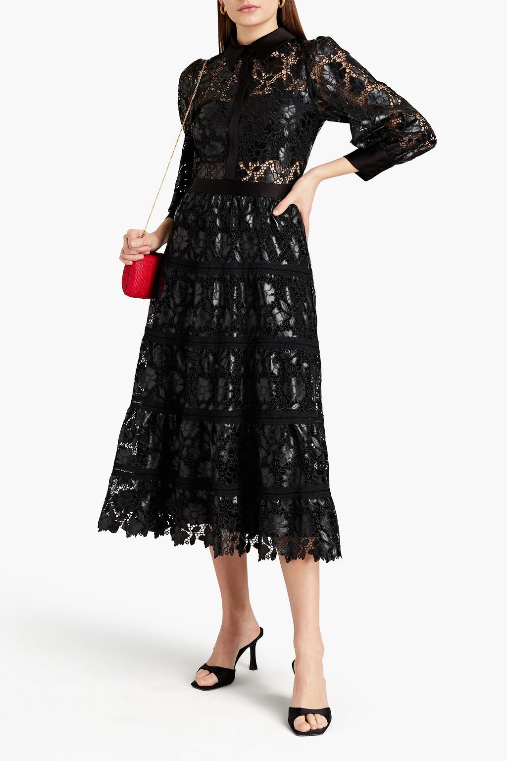 ALICE + OLIVIA Gathered satin and lace midi shirt dress