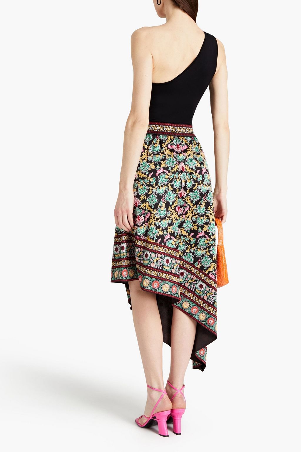 ALICE + OLIVIA Asymmetric printed satin skirt