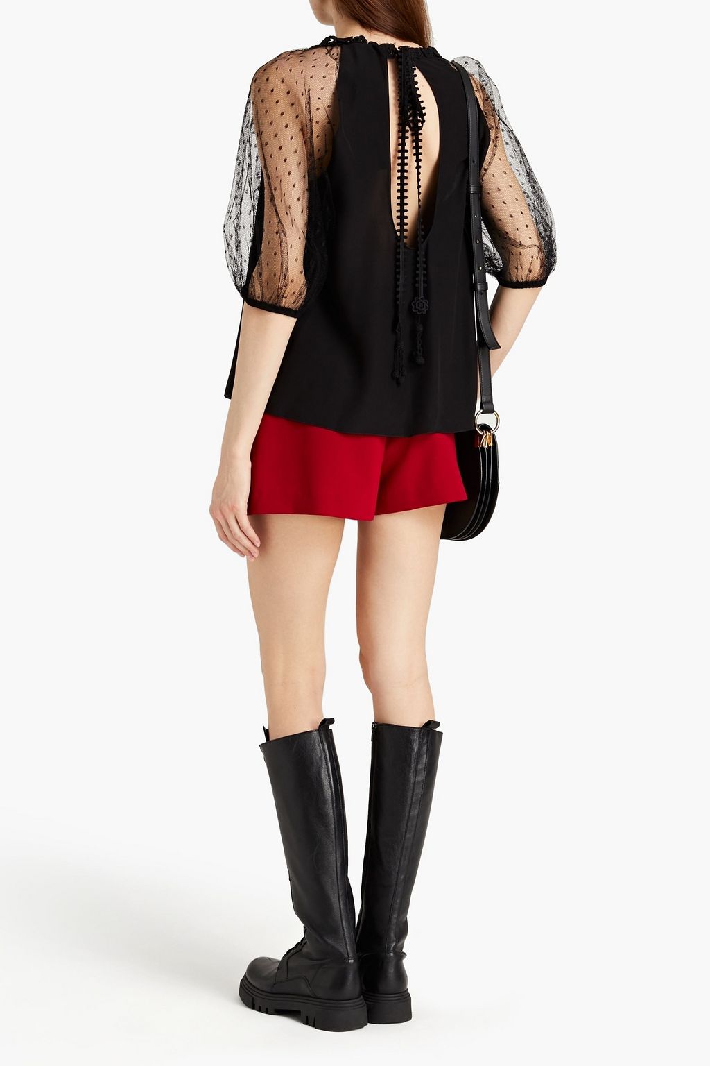 REDVALENTINO Paneled crochet, point d'esprit and crepe de chine blouse