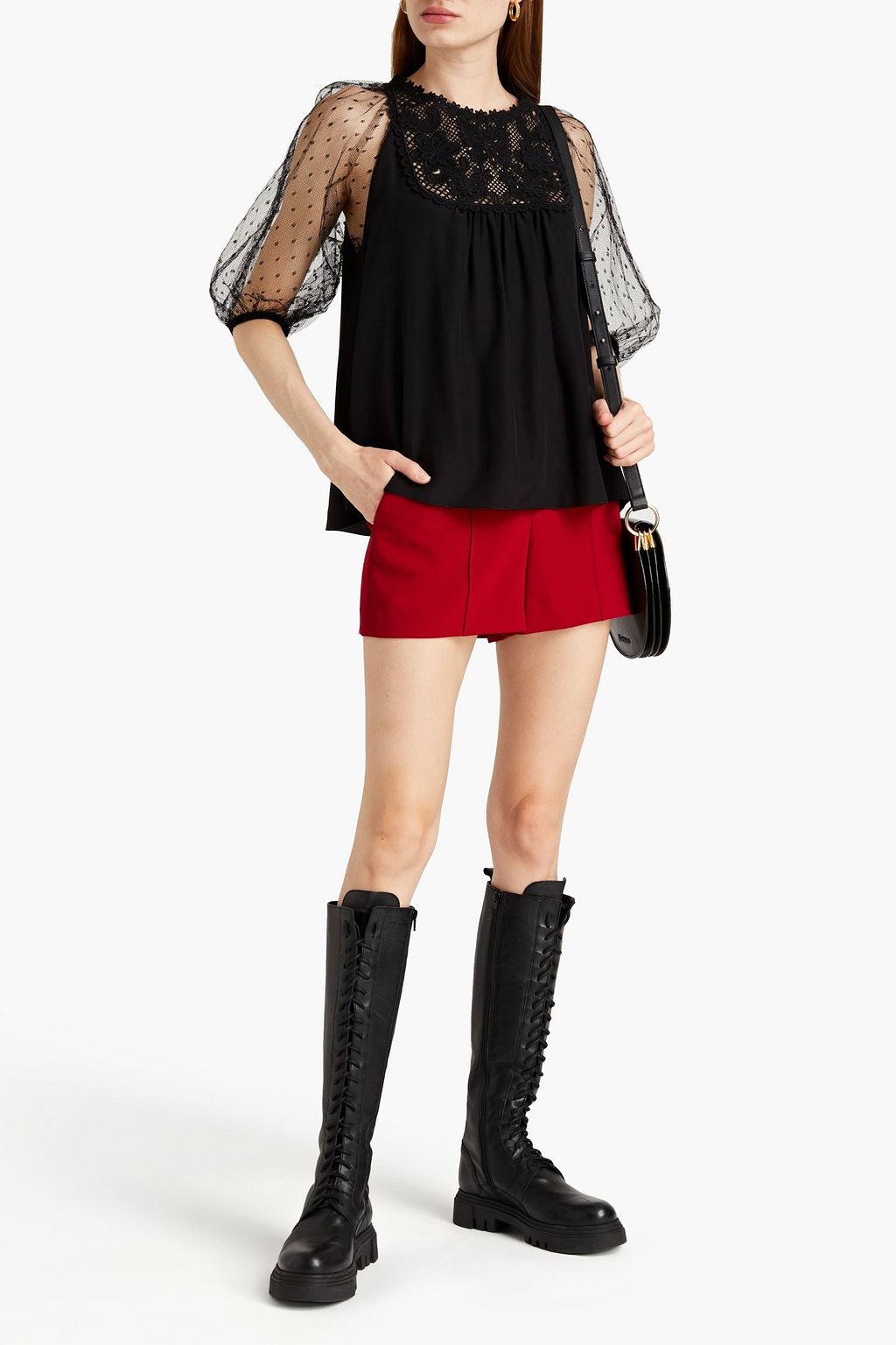 REDVALENTINO Paneled crochet, point d'esprit and crepe de chine blouse