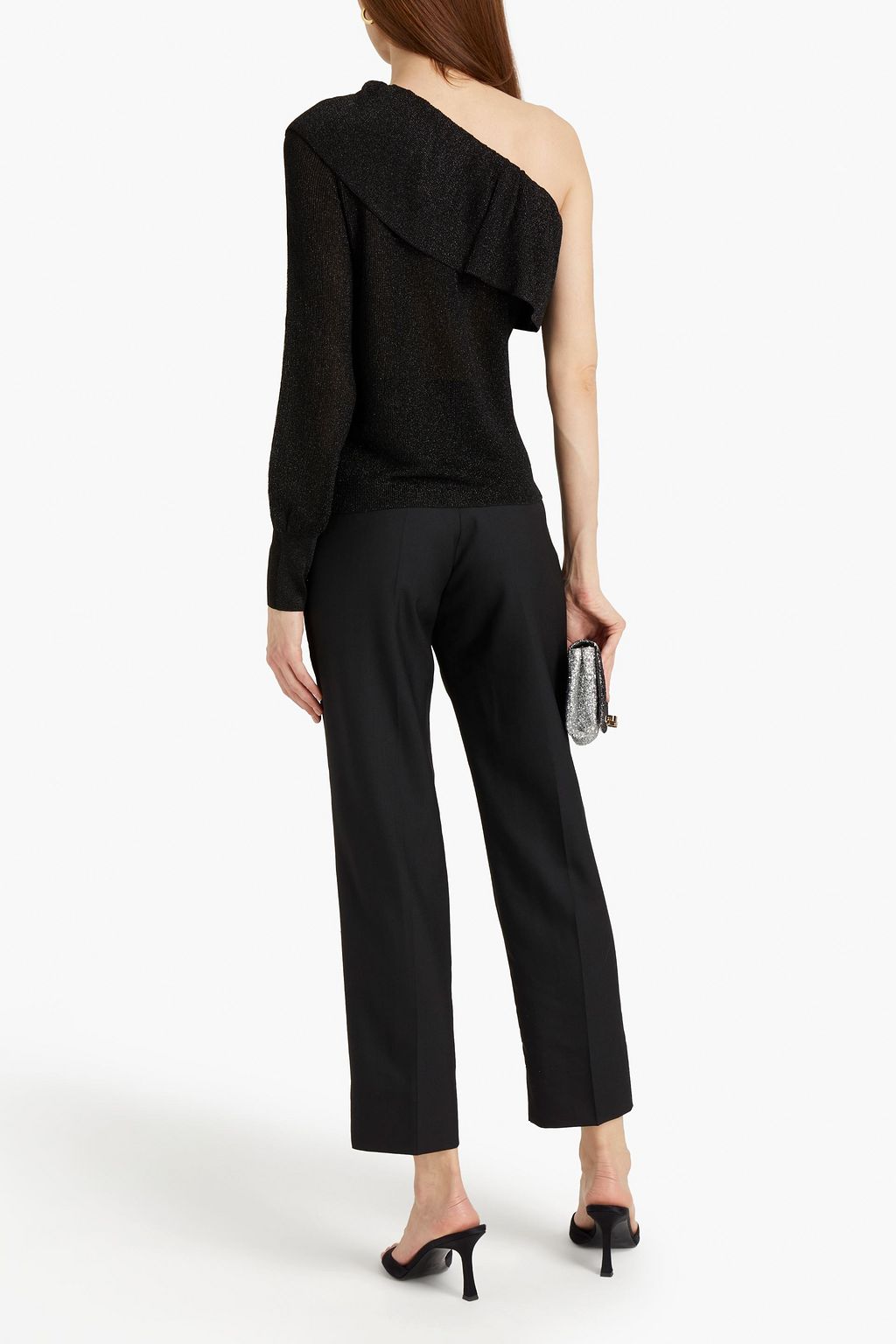 REDVALENTINO One-sleeve ruffled metallic knitted top