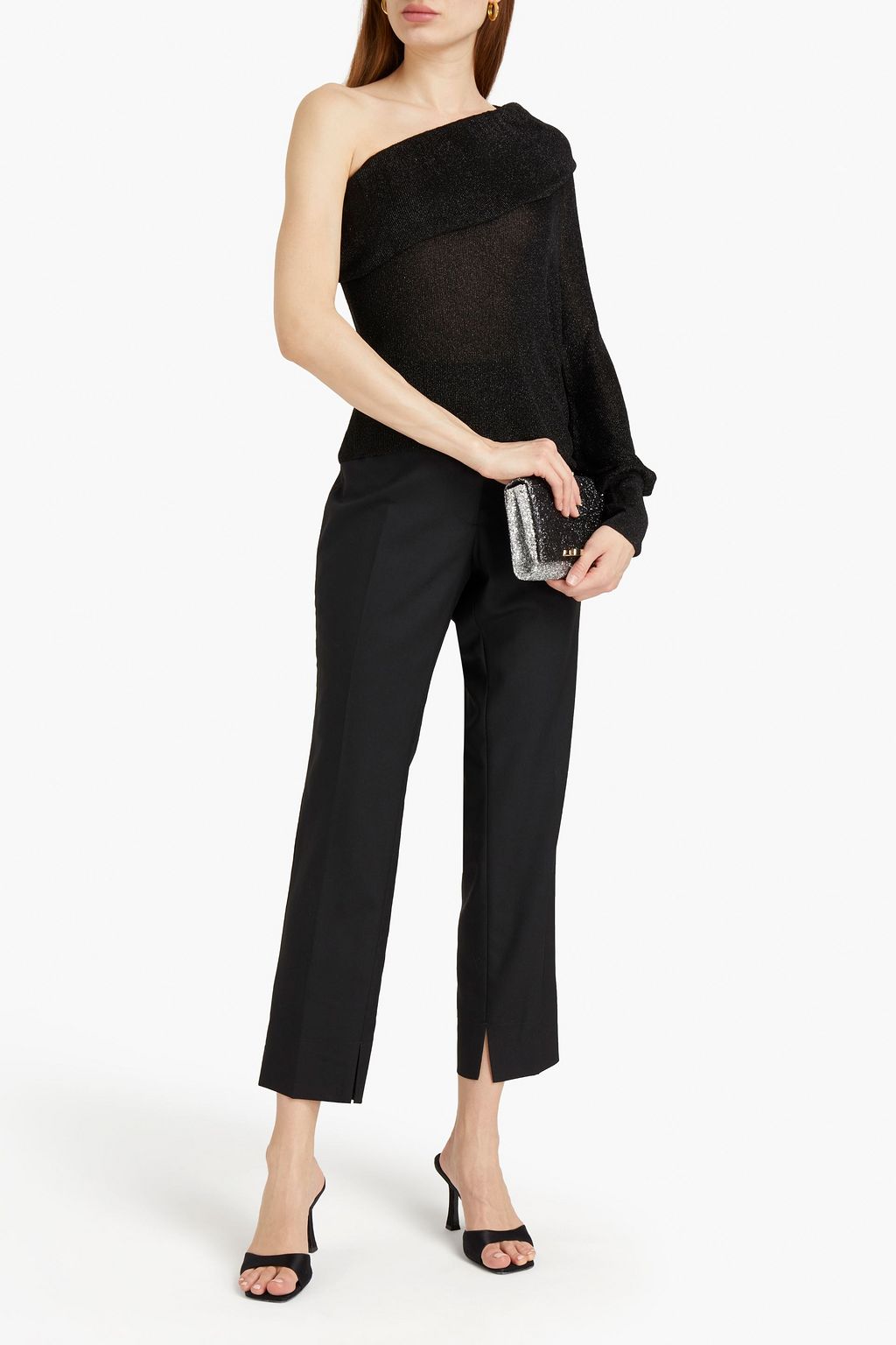 REDVALENTINO One-sleeve ruffled metallic knitted top