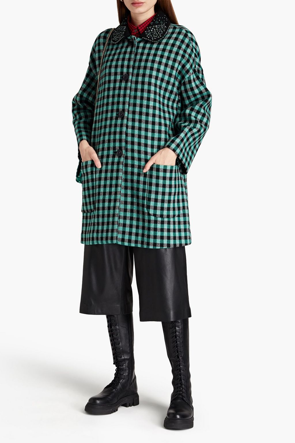 REDVALENTINO Embellished gingham wool-blend coat