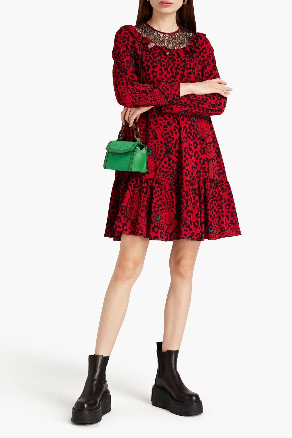 REDVALENTINO Lace-paneled leopard-print crepe mini dress