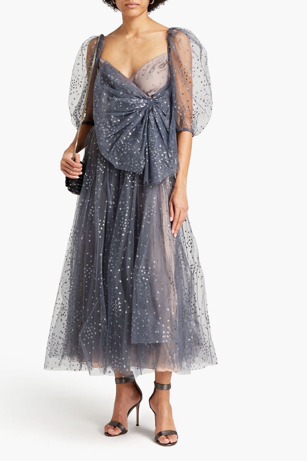 REDVALENTINO Bow-embellished glittered tulle midi dress