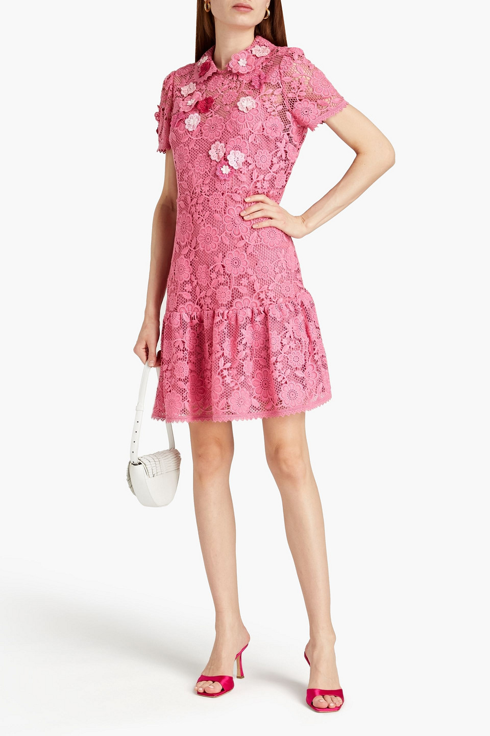 red valentino pink lace dress Red Valentino Tiered Lace Midi Dress In Baby Pink