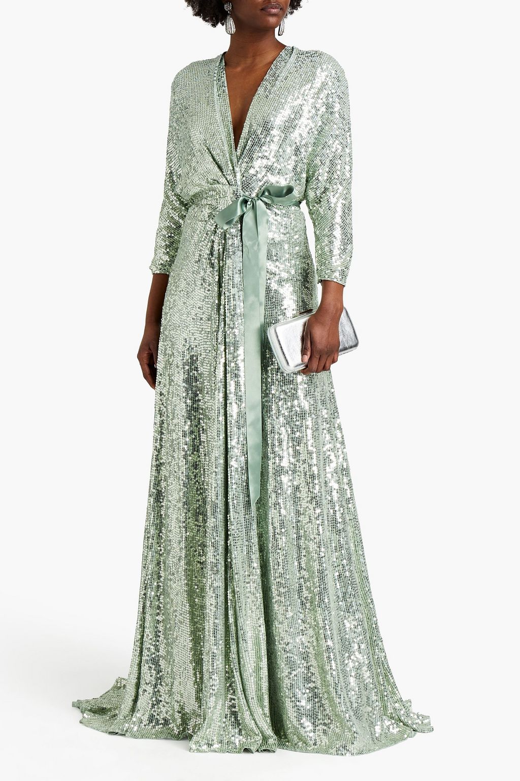 JENNY PACKHAM Satin-trimmed sequined chiffon wrap gown