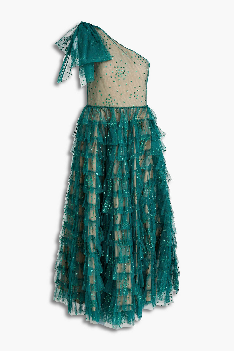 Redvalentino Woman One-shoulder Tiered Glittered Tulle Midi Dress Emerald Size 42
