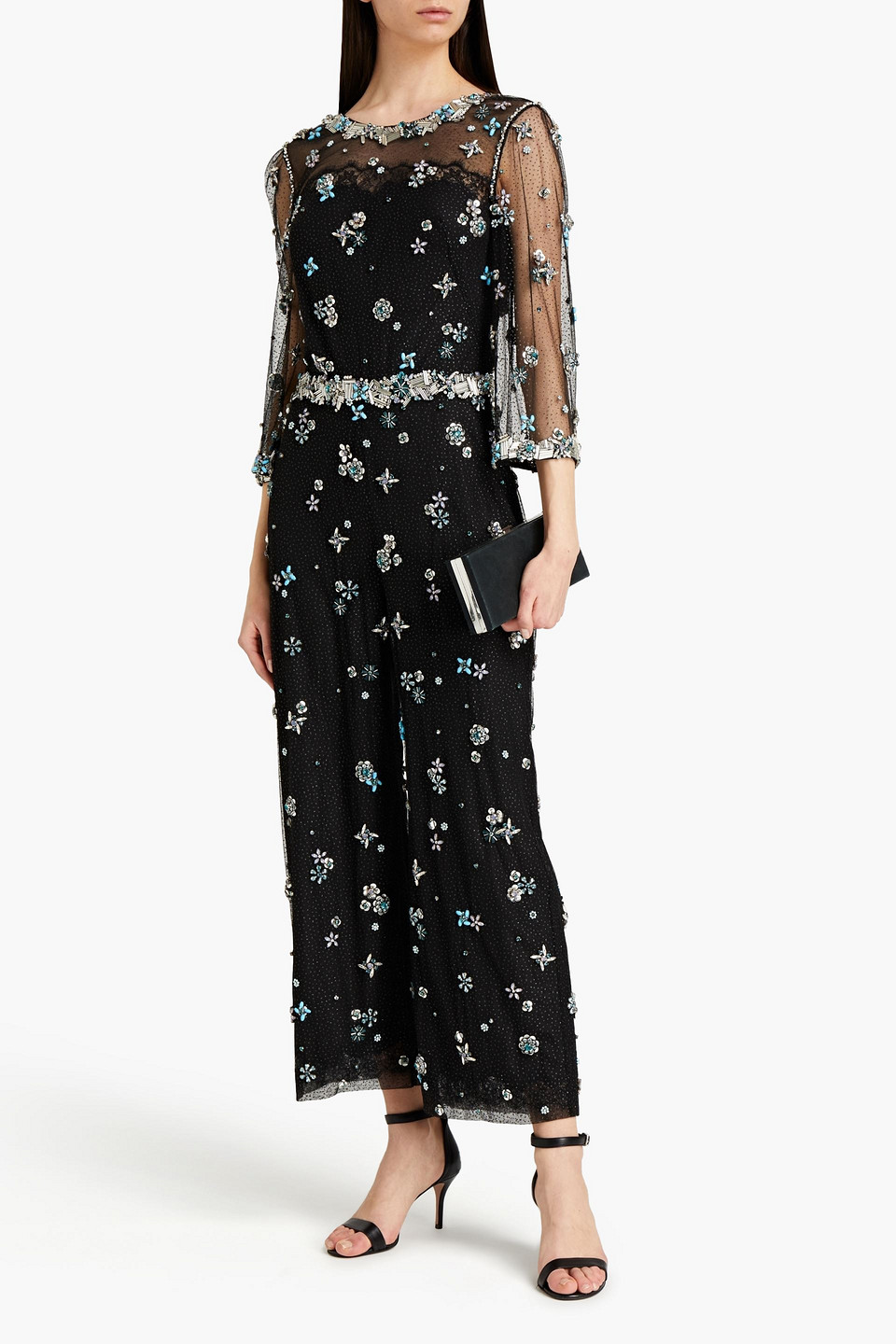 Jenny Packham Cropped Embellished Point D'esprit Jumpsuit In Black